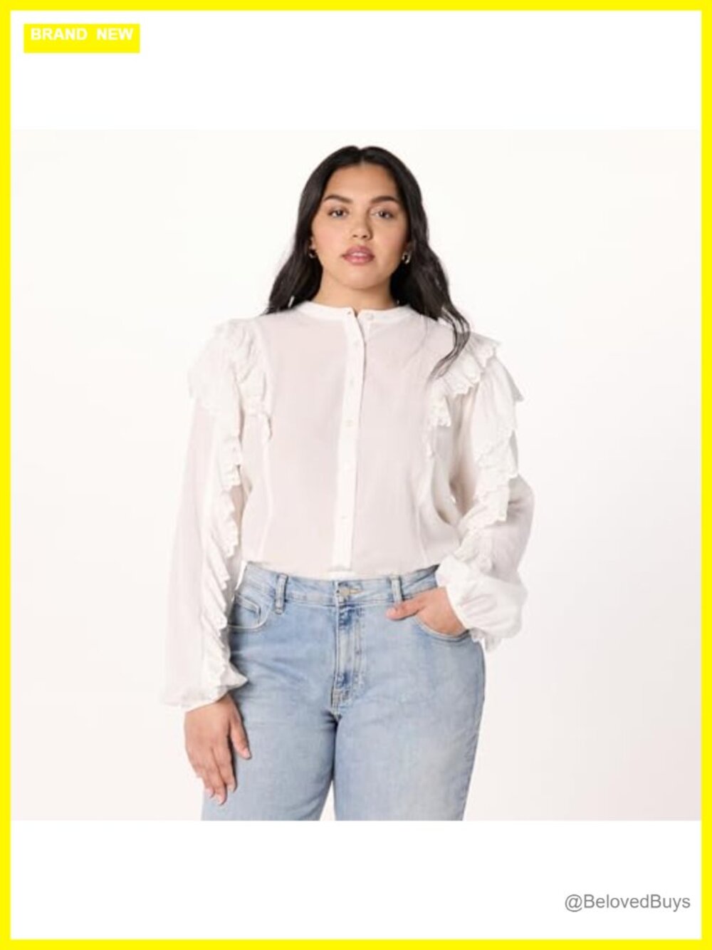 Womens Ruffle Sleeve Button Cotton Blouse Loose Fit Tunic Top - Picture 4 of 6